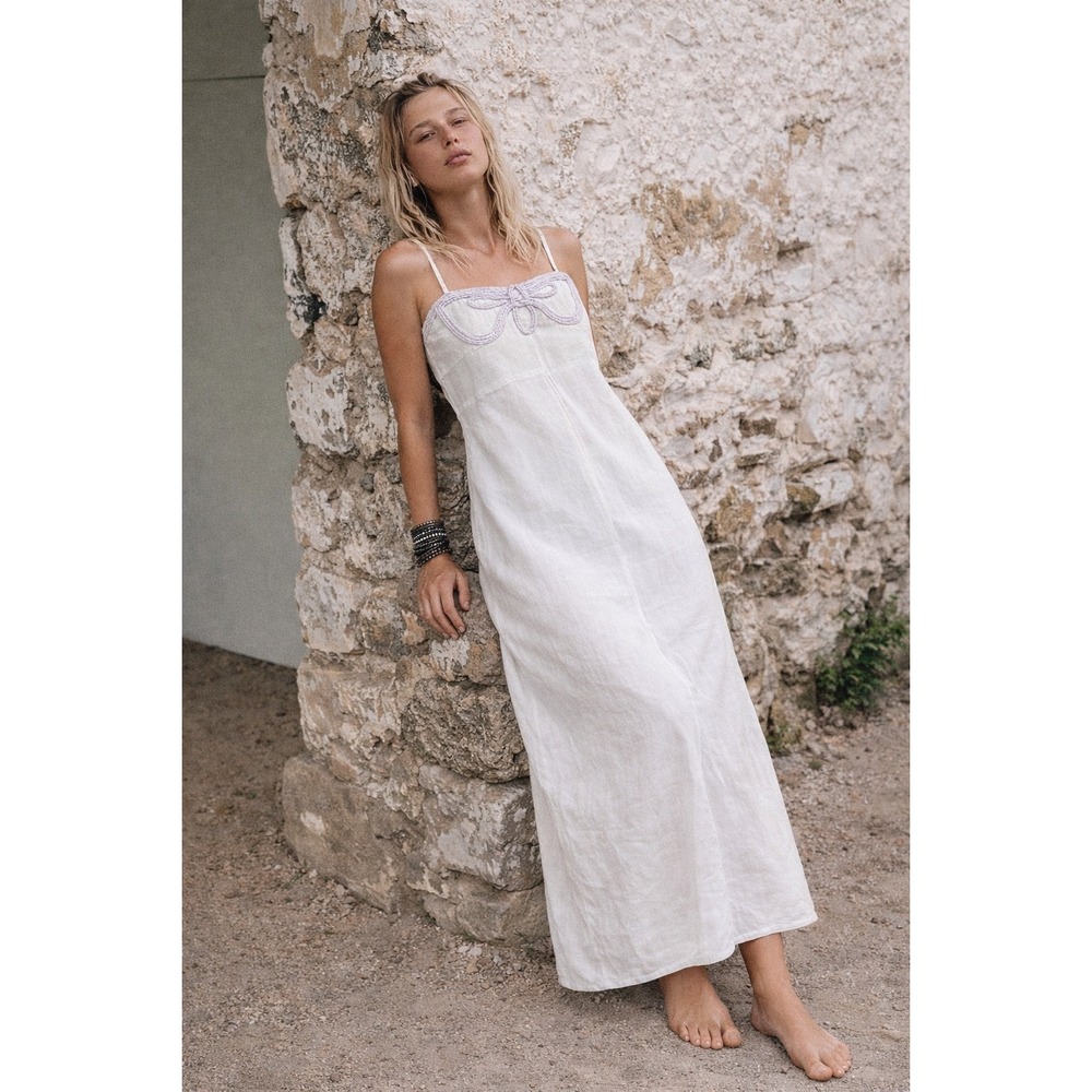 Desert Queen-‎ White Linen Braided Bow Maxi Dress Tel Aviv Indian Blockprint NWT